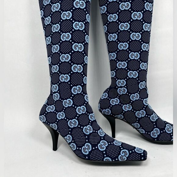 Gucci GG Knit Knee High Demi Boots Heels Blue 36.5 / 6.5 - Picture 3 of 9